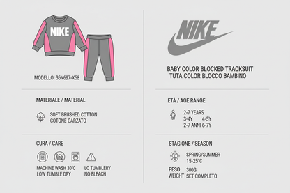 Nike Tuta Baby Color Blocked 36N697-X58 Grigio Rosa