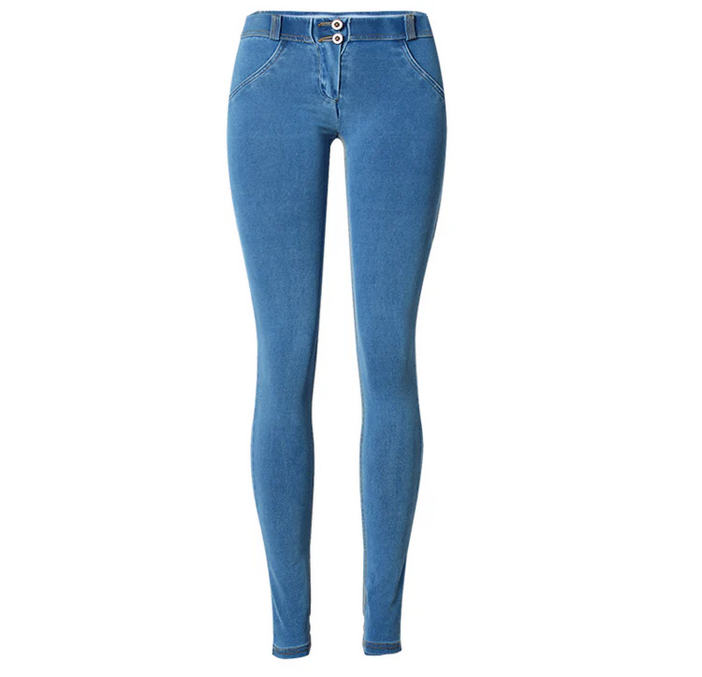 Jeans Donna Elasticizzati Blu Scuro a Vita Alta con Doppio Bottone