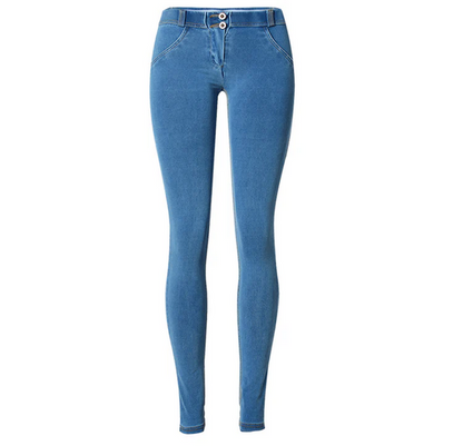 Jeans Donna Elasticizzati Blu Scuro a Vita Alta con Doppio Bottone