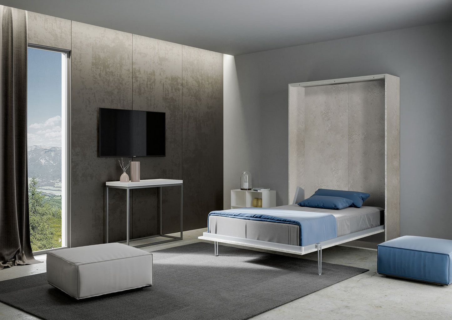 Letto matrimoniale francese a scomparsa 140 verticale Kentaro con colonna e pensili