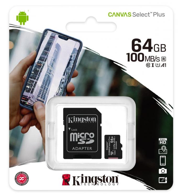 Kingston Micro Sd 64GB + Adattatore Canvas Plus Sdcs2 64Gb Classe 10 100Mb/S