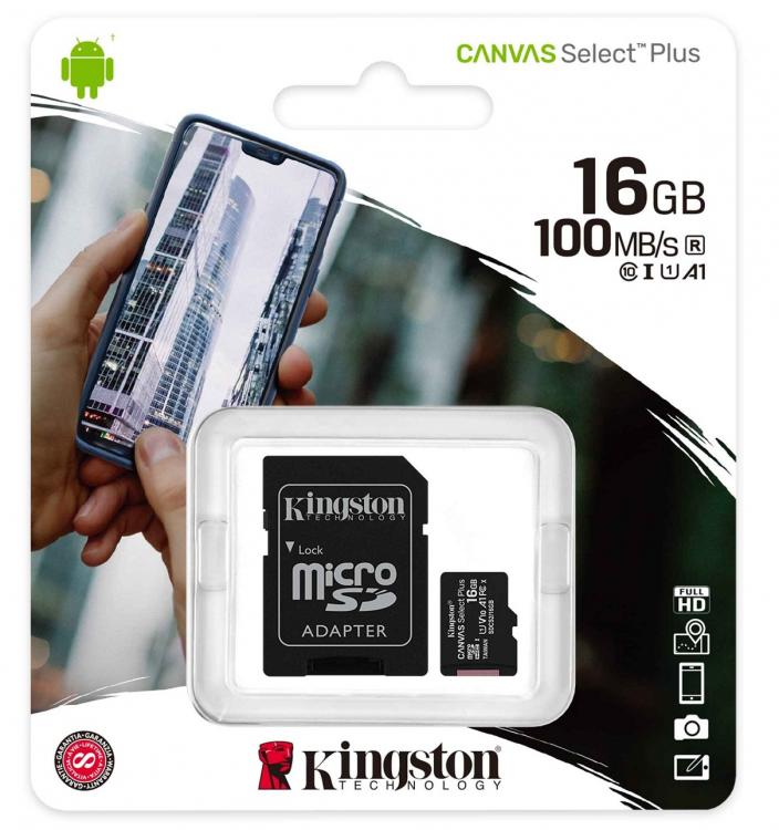 Kingston Micro Sd 16Gb + Adattatore Canvas Plus Sdcs2 Classe 10 100Mb/S