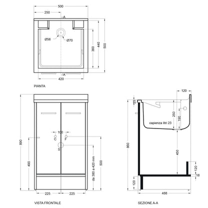 Lavatoio Lavapanni Domestica Colavene 50X50X86h cm con vasca e mobile contenitore