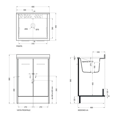 Lavatoio Lavapanni Domestica Colavene 60x50x86h cm con vasca e mobile contenitore