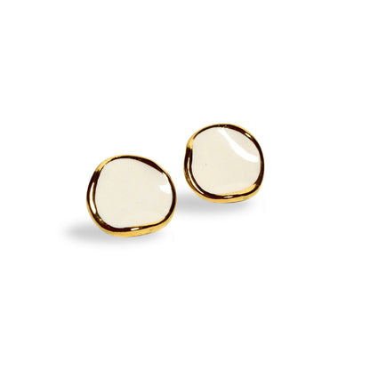 Leda | Handcrafted white ceramic stud earrings with gold luster