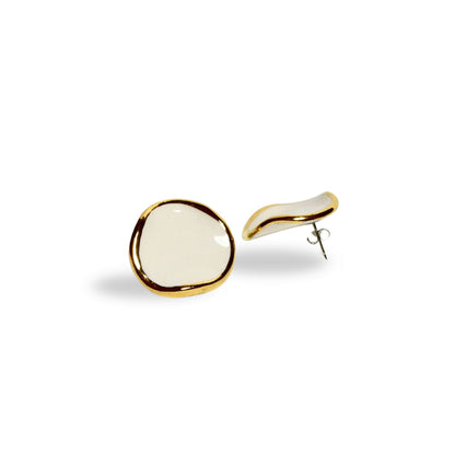 Leda | Handcrafted white ceramic stud earrings with gold luster
