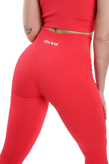 Leggings a costine rosso corallo modello CIRCE a vita alta