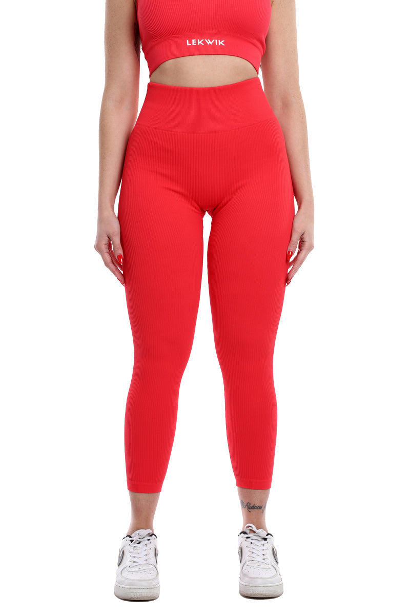 Leggings a costine rosso corallo modello CIRCE a vita alta