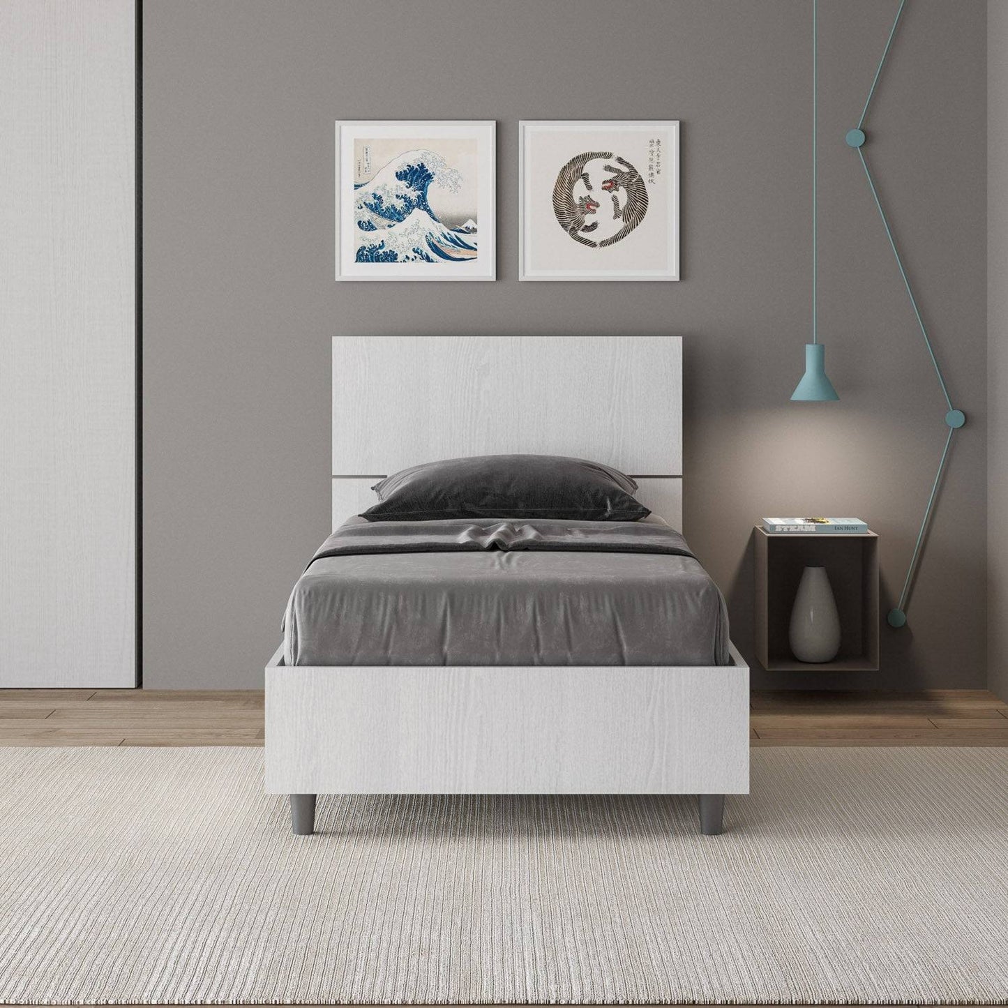 Letto singolo 80x190 testata inclinata Demas senza rete, con rete, contenitore
