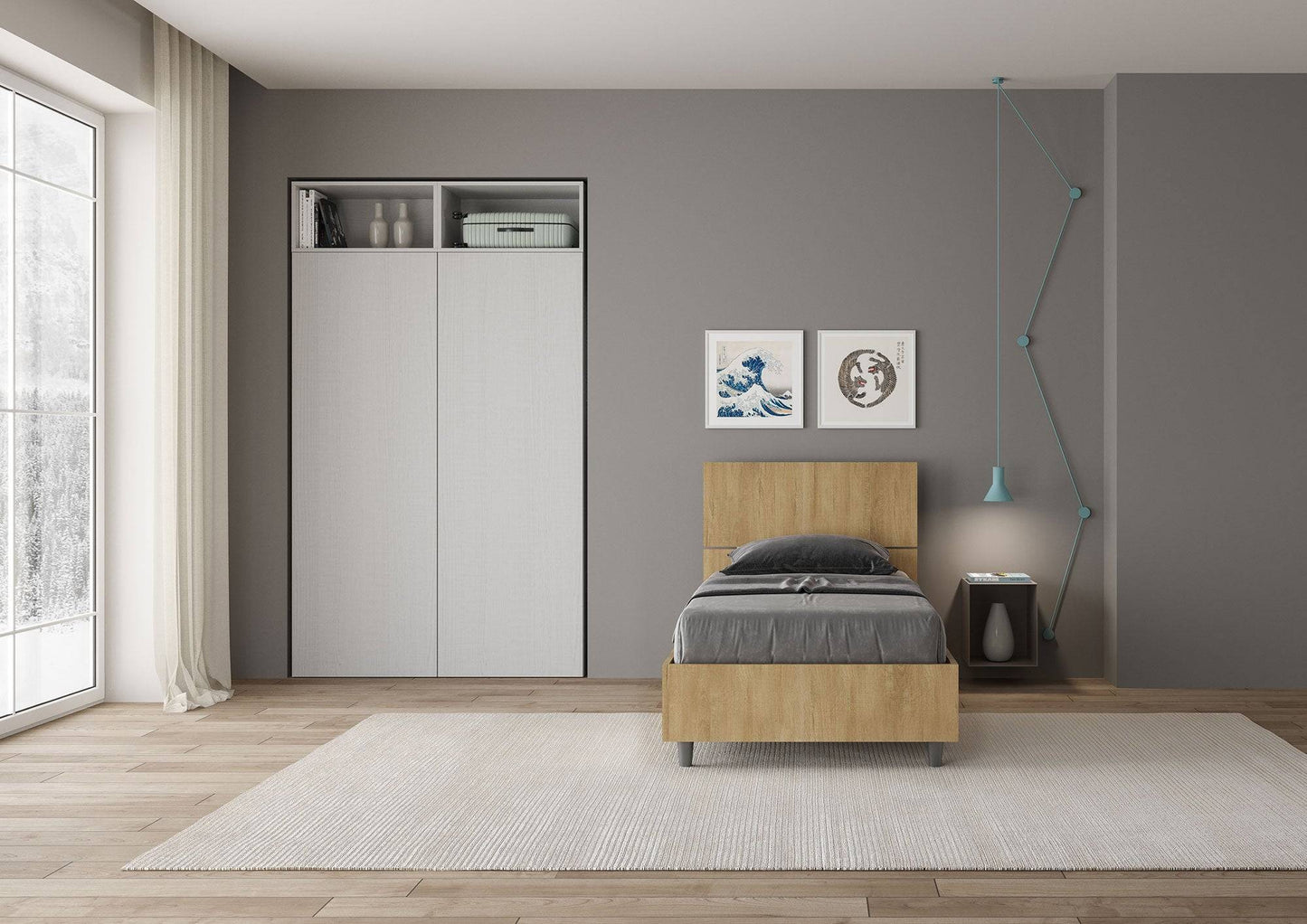 Letto singolo 80x190 testata inclinata Demas senza rete, con rete, contenitore
