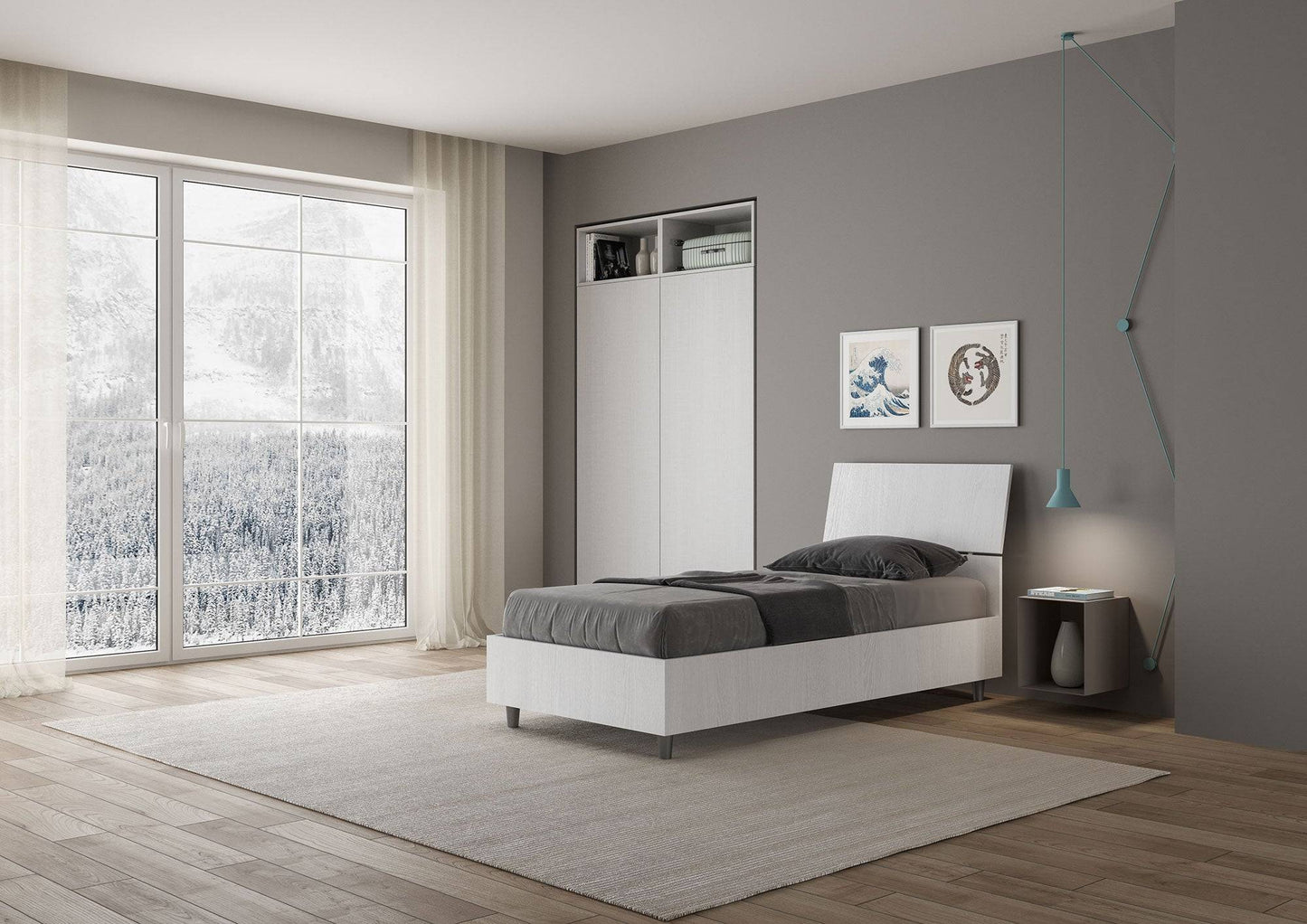 Letto singolo 80x190 testata inclinata Demas senza rete, con rete, contenitore