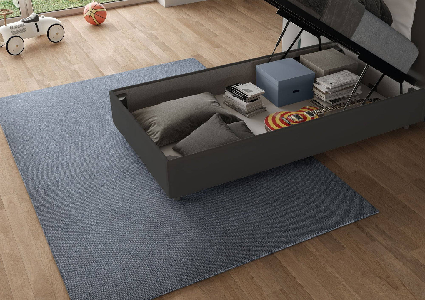 Polster-Einzelbett mit Stauraum 90x210 Mikrofaser Antea