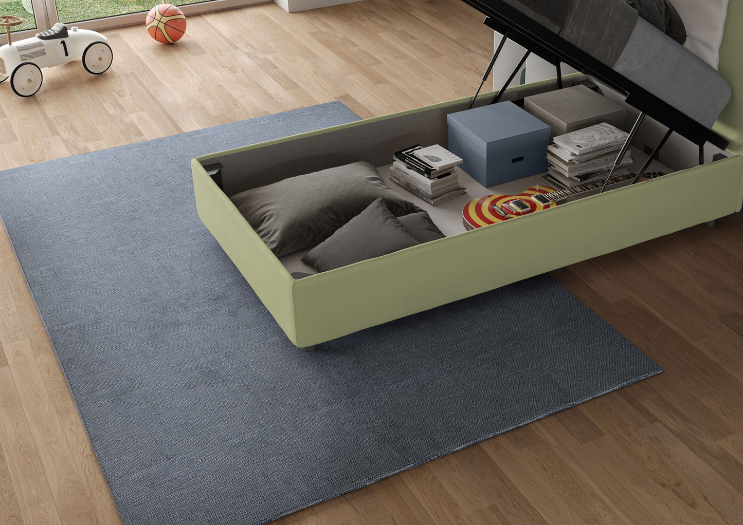 Gepolstertes Einzelbett 80x190 Mikrofaser Appia ohne Lattenrost, mit Lattenrost und Bettkasten