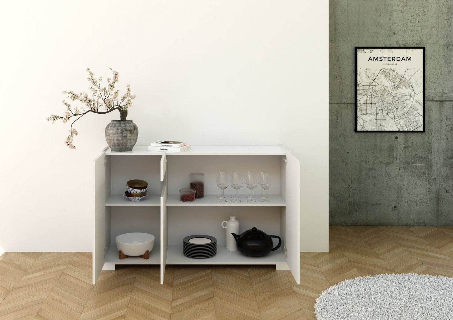 Highboard und Highboard mit TV-Ständer Riflesso Hochglanz Weiß und Kaschmir