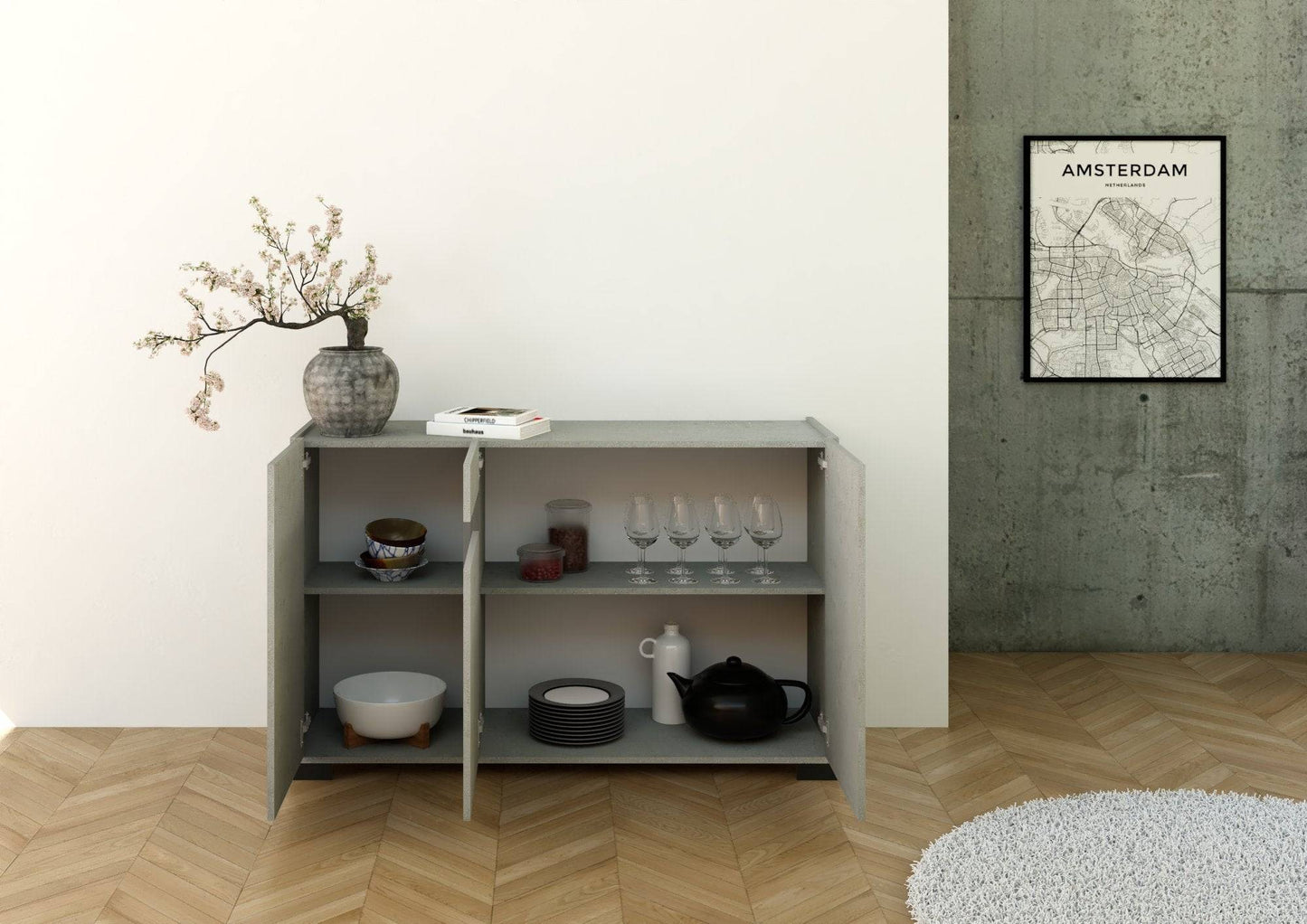 Highboard und Highboard mit TV-Ständer Riflesso Hochglanz Weiß und Kaschmir
