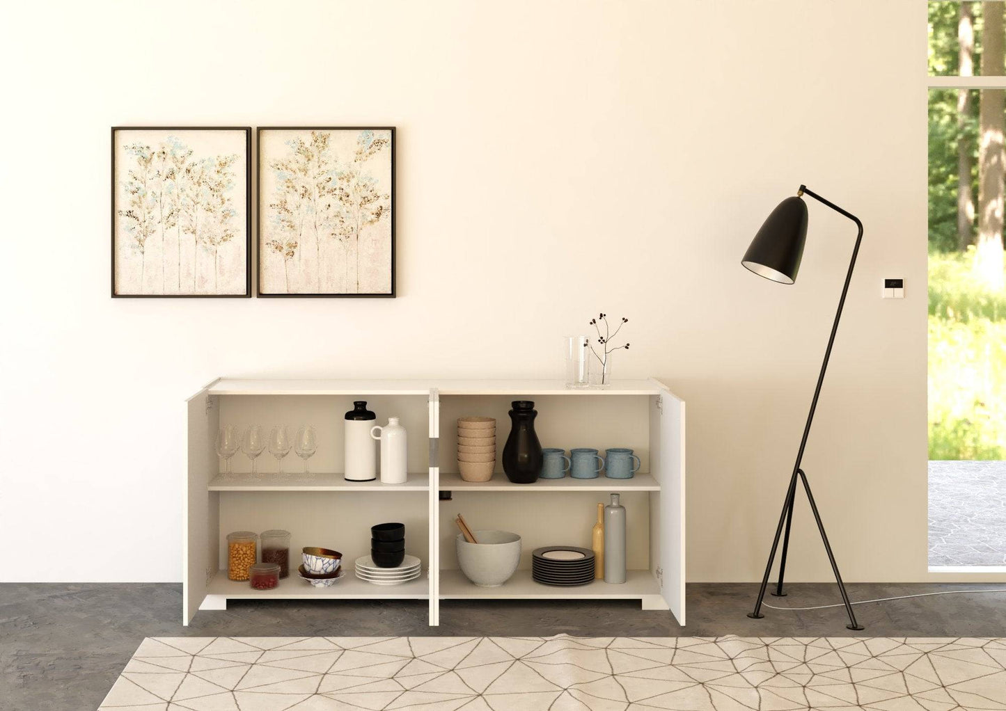 Highboard und Highboard mit TV-Ständer Riflesso Hochglanz Weiß und Kaschmir