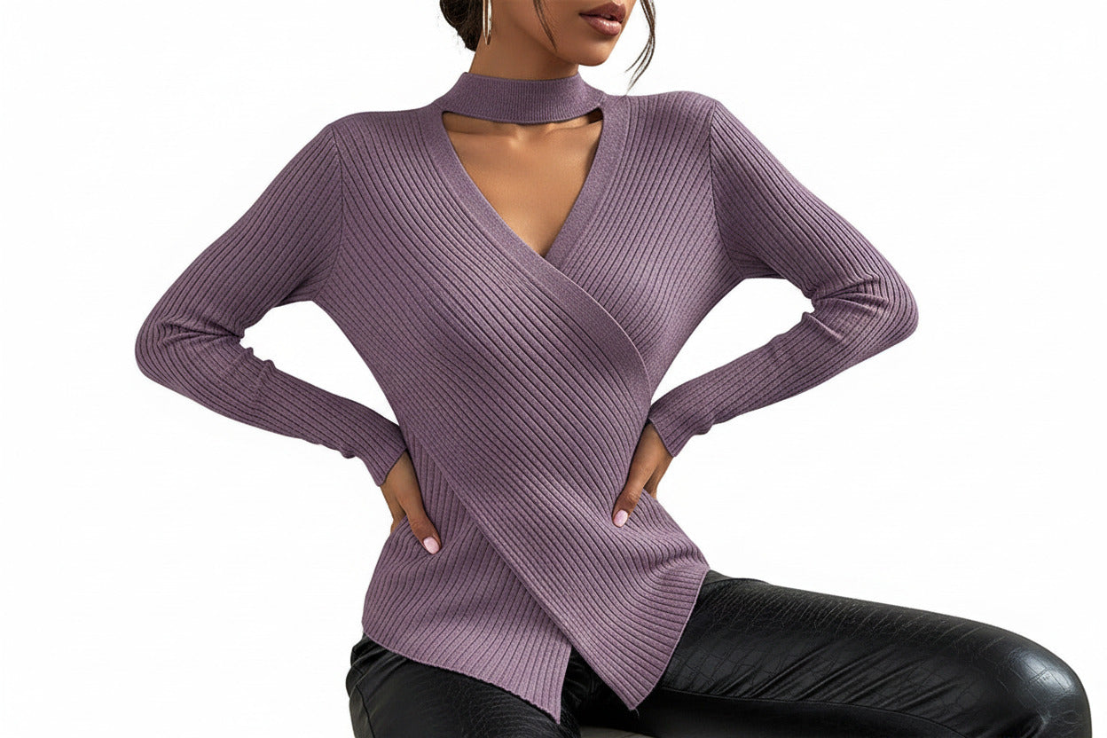 Maglia Donna Invernale a Collo Incrociato – Maglione Elegante Manica Lunga Caldo e Confortevole