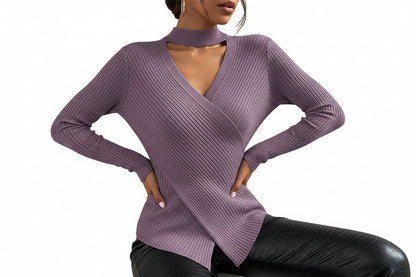 Maglia Donna Invernale a Collo Incrociato – Maglione Elegante Manica Lunga Caldo e Confortevole