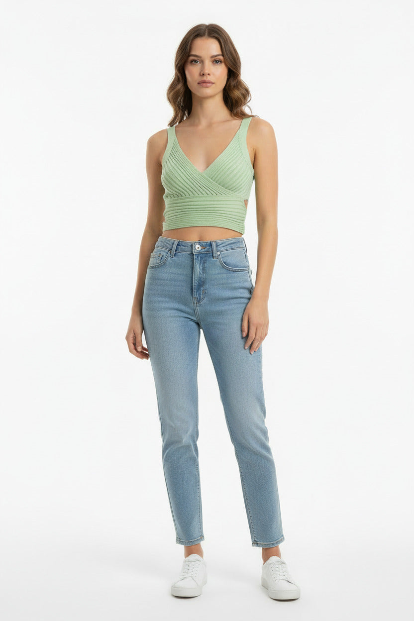 Maglietta Donna Estiva Scollo a V Vita Alta Modellante Elegante Casual