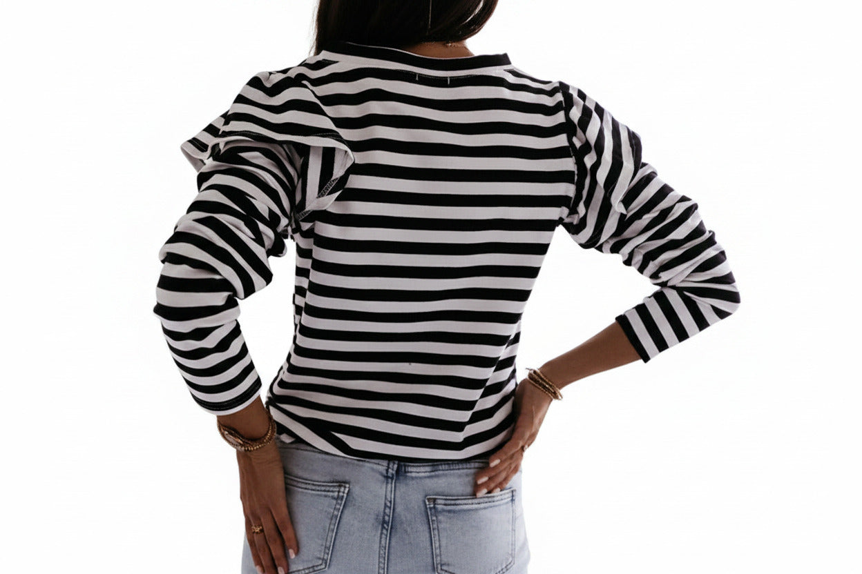 Maglietta Donna a Righe con Volant Elegante Manica Lunga