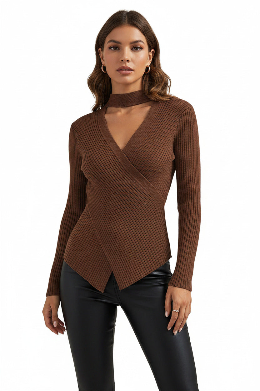 Maglia Donna Invernale a Collo Incrociato – Maglione Elegante Manica Lunga Caldo e Confortevole
