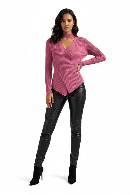 Maglia Donna Invernale a Collo Incrociato – Maglione Elegante Manica Lunga Caldo e Confortevole