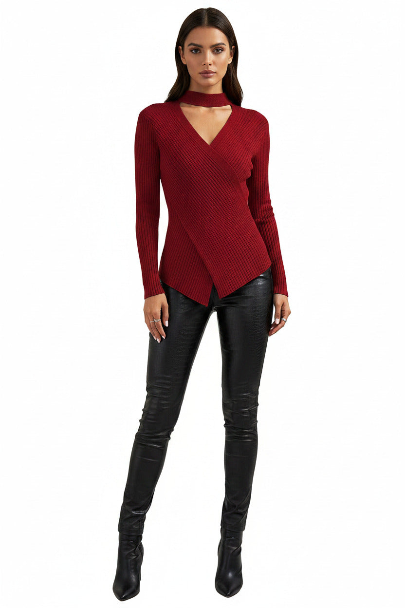 Maglia Donna Invernale a Collo Incrociato – Maglione Elegante Manica Lunga Caldo e Confortevole
