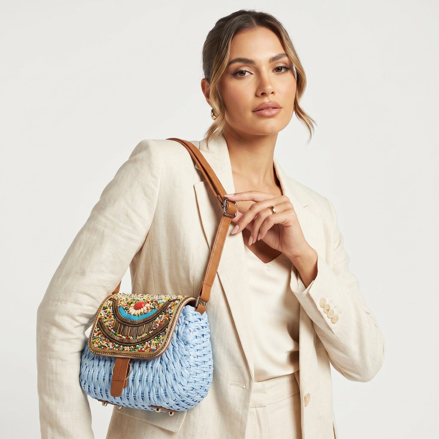 Stile Donna Bags - Borsa a Tracolla in Rafia Intrecciata