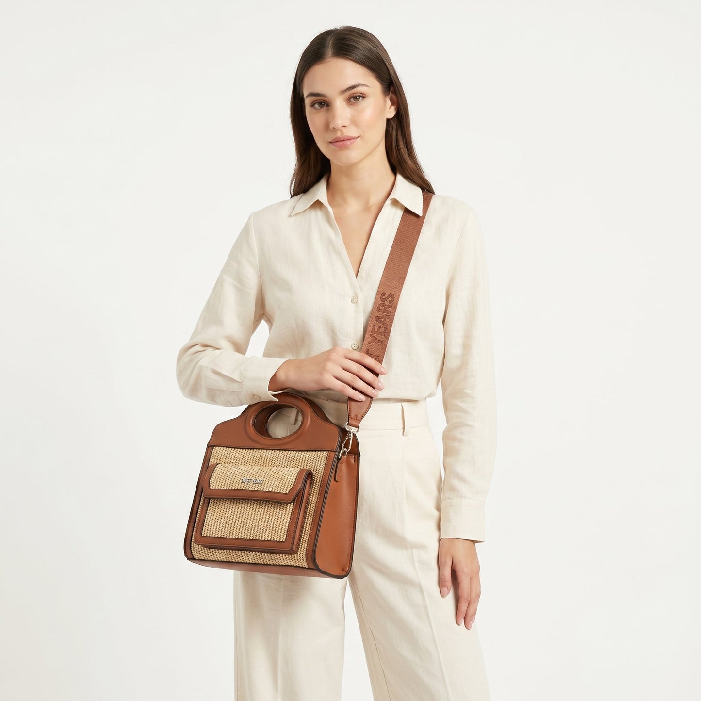 Sweet Years Borsa Shopping in Tessuto Intrecciato ed Ecopelle con Tasca Frontale