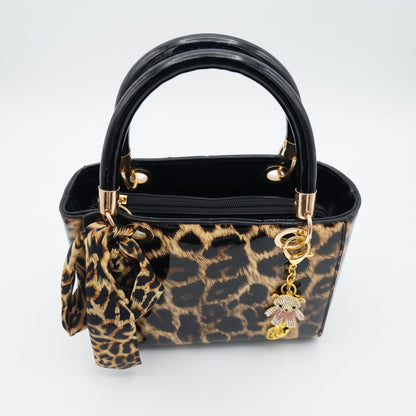 Milano Borsa a Mano Animalier con Foulard e Ciondolo Orsetto