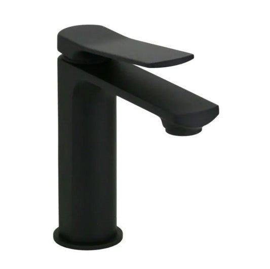 Kora single-hole basin mixer in matte black brass with angled lever and click-clack waste included
