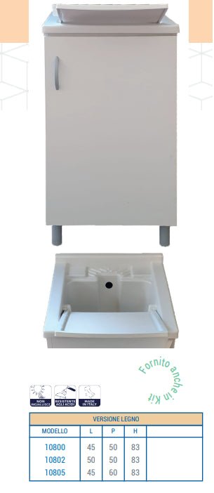 Mobile Lavatoio legno+resina 45x50 Completo Di Vasca Sifone E Asse Lavapanni Bianco