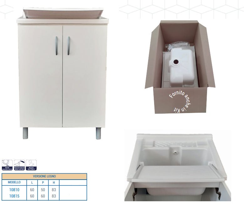 Mobile lavatoio legno+resina 60x60 Completo Di Vasca Sifone E Asse Lavapanni Bianco
