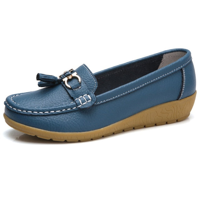 Mocassini Donna Estivi in Vera Pelle con Punta Tonda Slip-On
