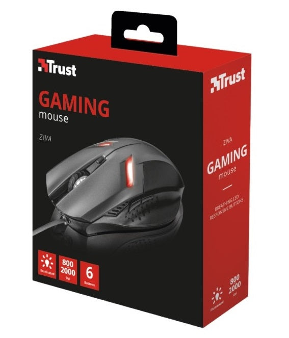 Trust Ziva Gaming Maus Optisch LED USB Schwarz 6 Tasten Präzision Spiel 2000 DPI