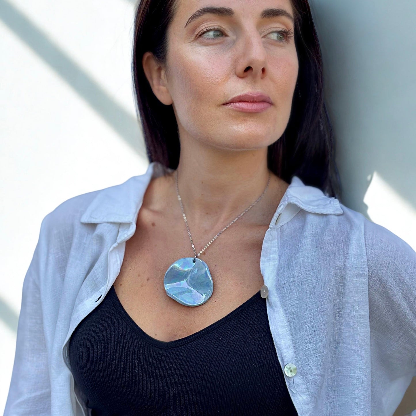 Perla | Handcrafted pearl light blue ceramic necklace