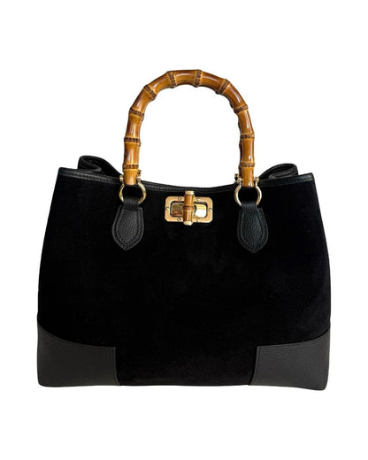 Suede Top-Handle Bag — Bamboo Handle