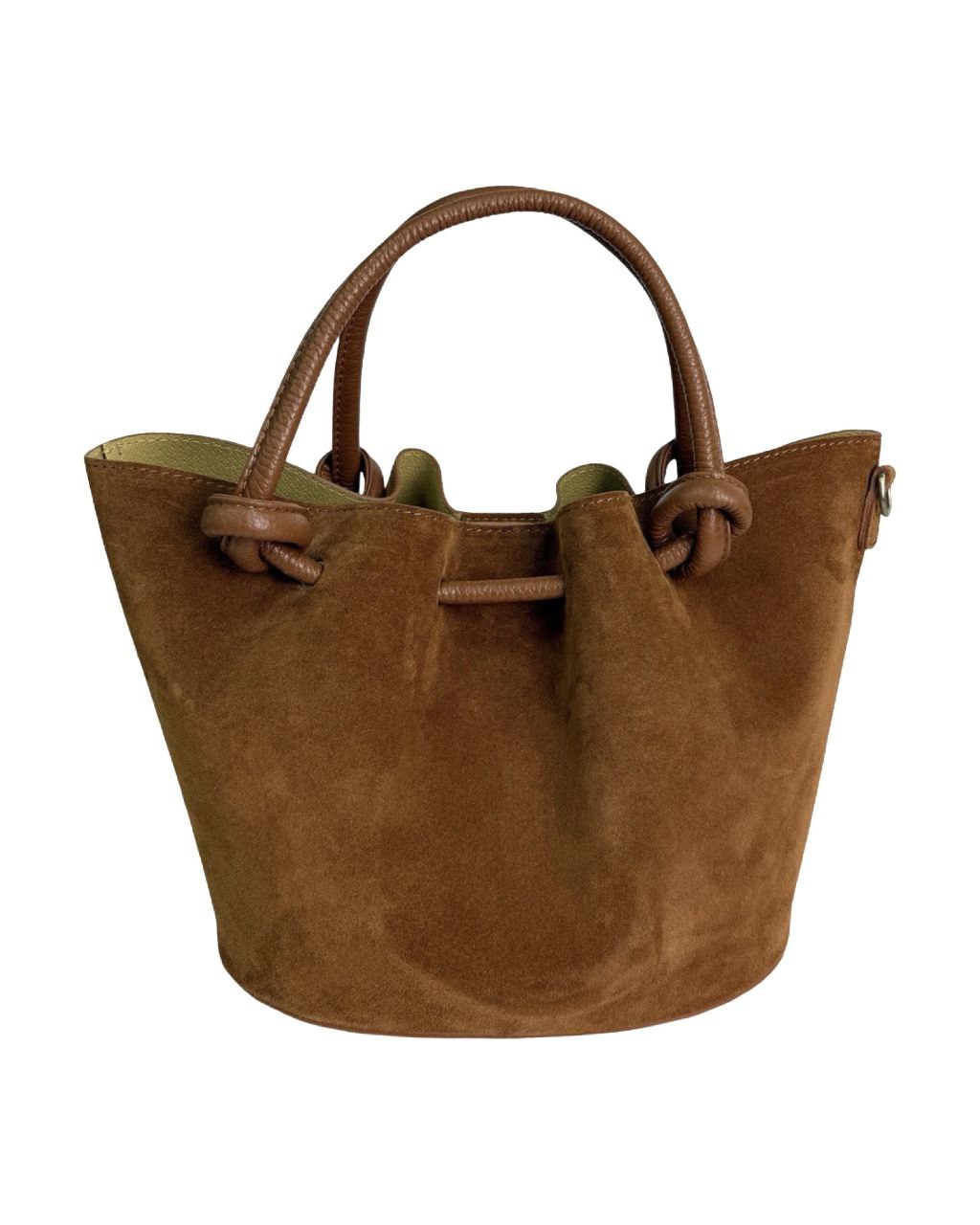 Italian Leather Bucket Bag with Knot Handles and Center Zip by Modex™