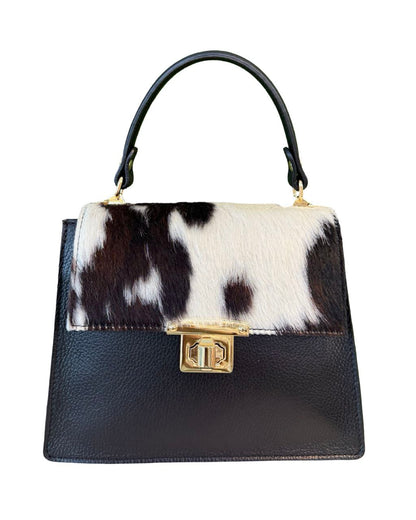 Cow Print Top-Handle Bag — Black Leather & Pony Skin Flap