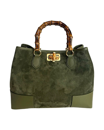 Suede Top-Handle Bag — Bamboo Handle