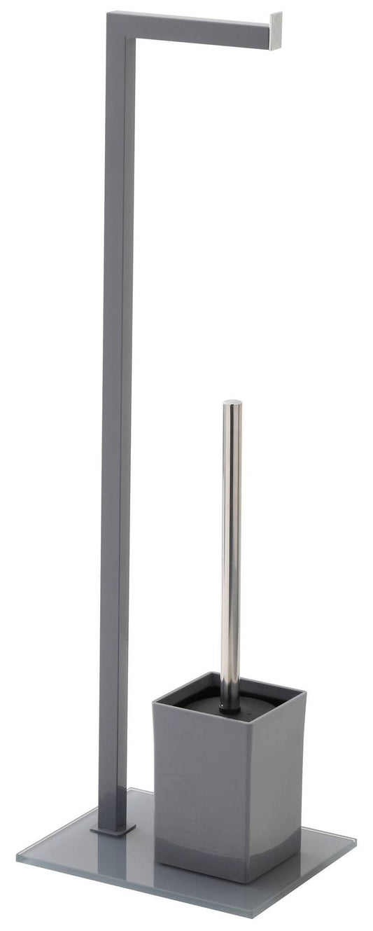 Piantana porta rotolo e porta scopino con base in vetro temperato e cover in silicone grigia
