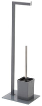 Floor-standing toilet roll holder and brush with tempered glass base and grey silicone cover