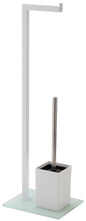 White steel toilet roll and brush holder floor stand with glass base