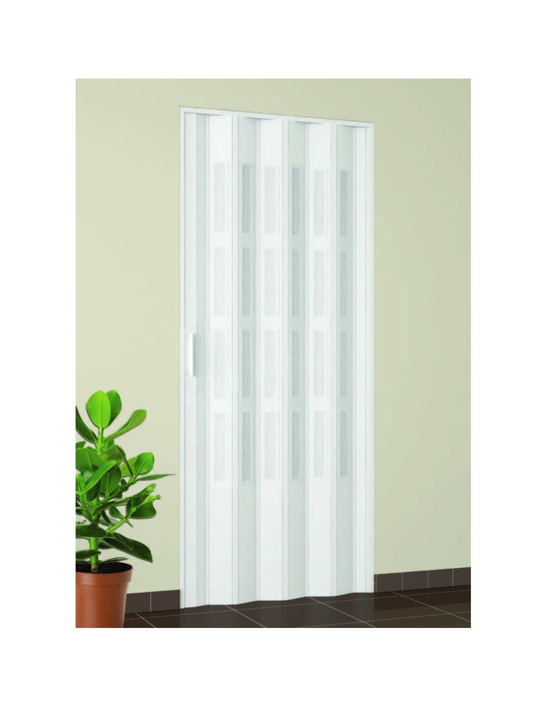 Porta a Soffietto da Interno 82x210 cm in PVC con vetro Niagara Mod. Extra Standard Bianco Pastello