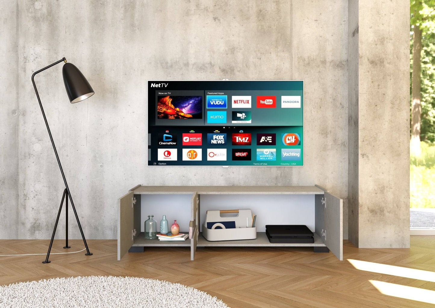 Highboard und Highboard mit TV-Ständer Riflesso Hochglanz Weiß und Kaschmir