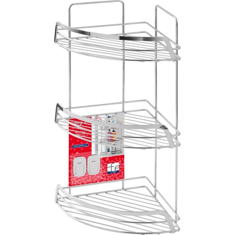 Portaoggetti doccia angolare con 3 ripiani in cromo 22x22x53 cm, design elegante e pratico per il bagno.