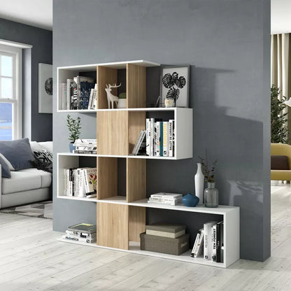 Zickzack-Bücherregal Eiche und Weiß mit 11 Fächern und 4 Ebenen