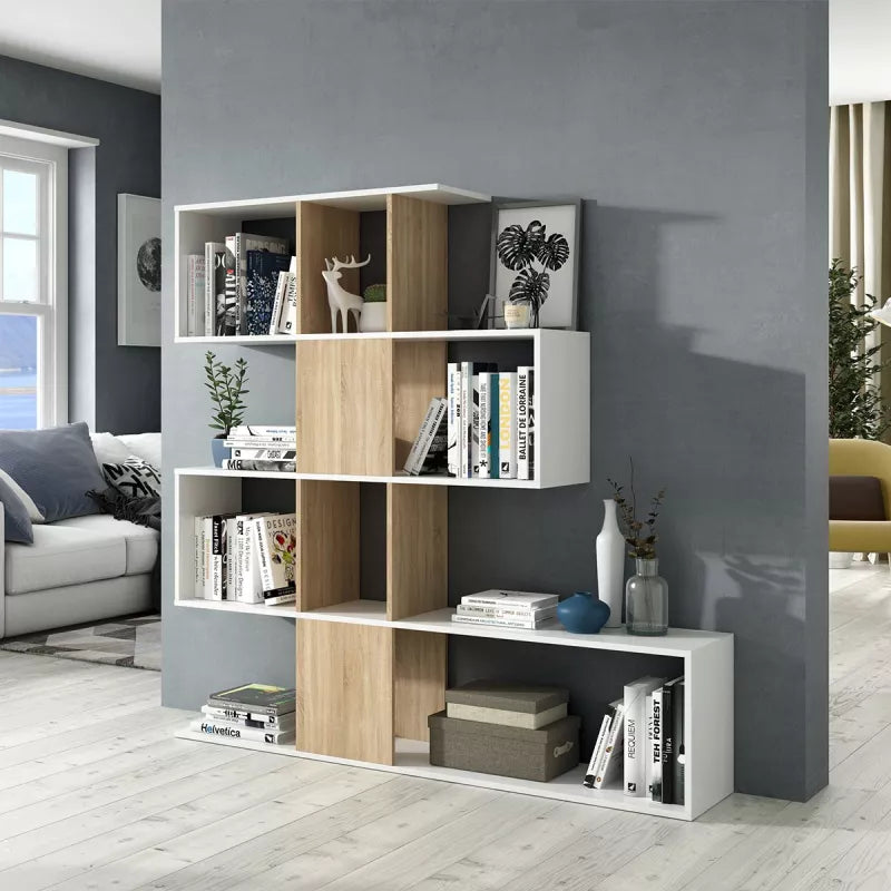 Zickzack-Bücherregal Eiche und Weiß mit 11 Fächern und 4 Ebenen