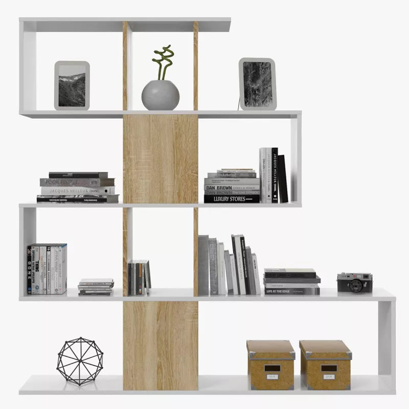 Zickzack-Bücherregal Eiche und Weiß mit 11 Fächern und 4 Ebenen