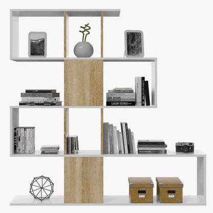 Zickzack-Bücherregal Eiche und Weiß mit 11 Fächern und 4 Ebenen